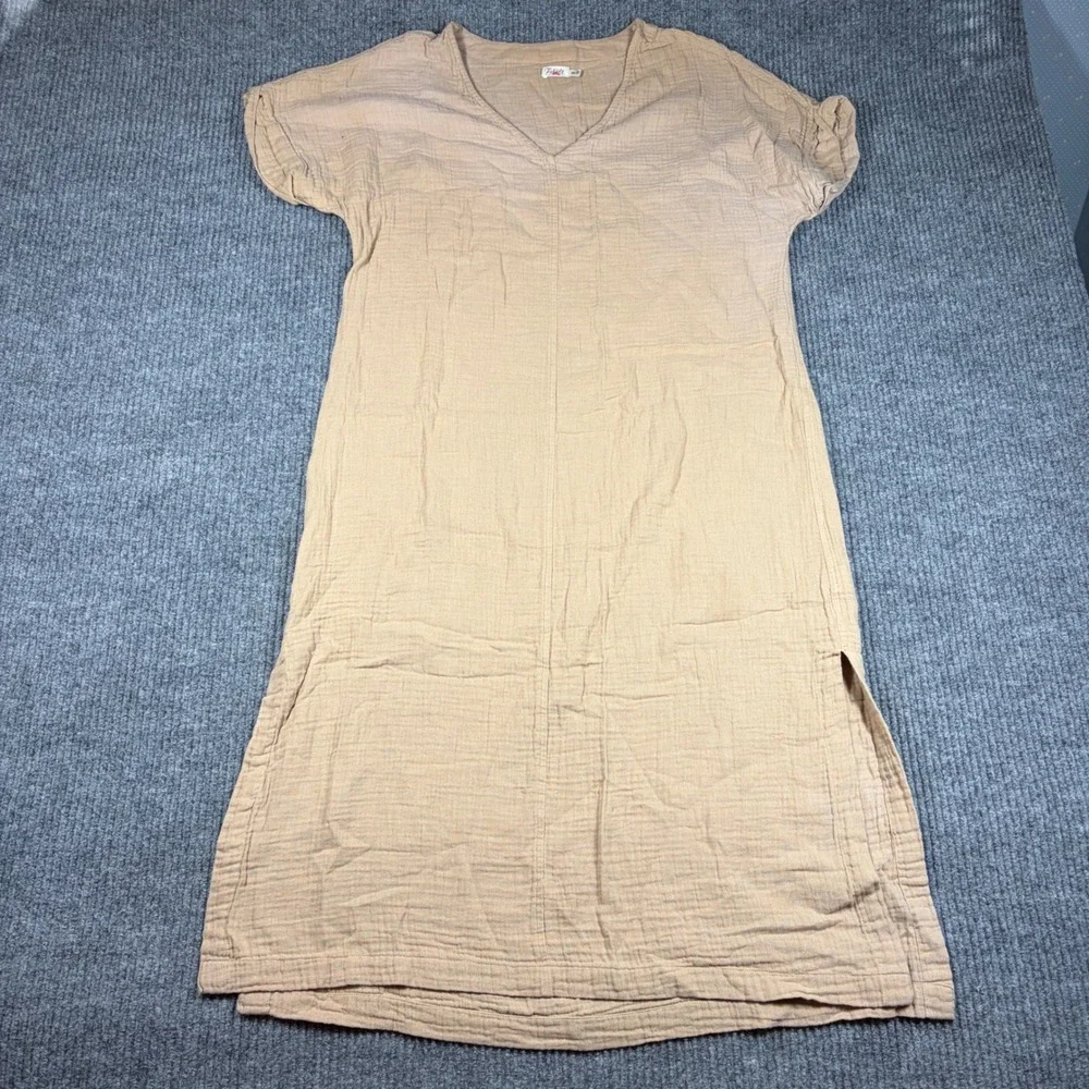 Faherty Dress Womens M/L Cloud Cotton Midi Tan V-Neck Short Sleeve Side Slit